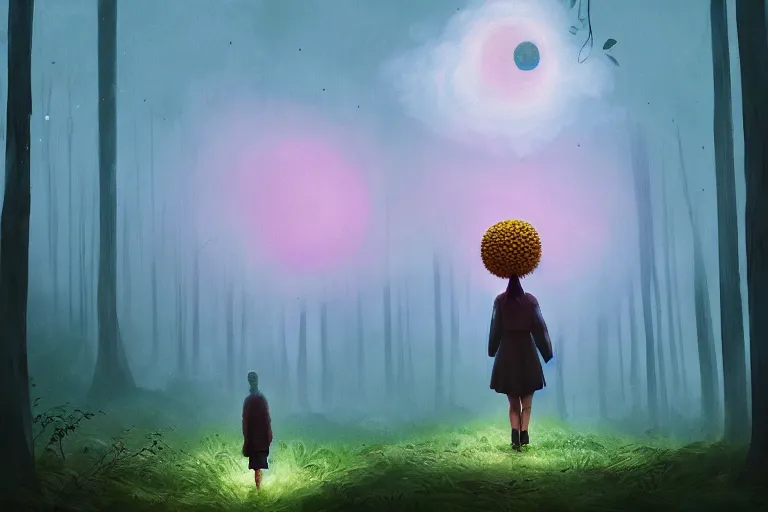 Image similar to giant daisy flowers head, girl walking in dark forest, surreal photography, dark night, stars, moon light, impressionist painting, clouds, digital painting, artstation, simon stalenhag