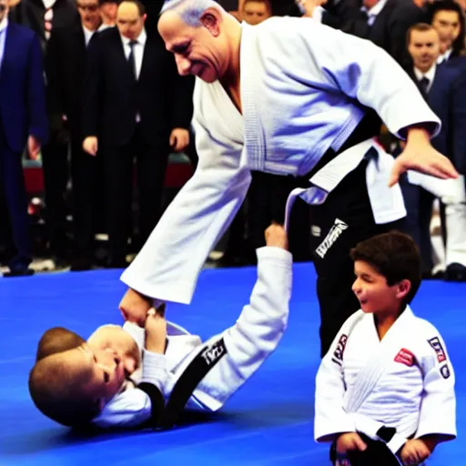 Image similar to benjamin netanyahu judo flipping a kid