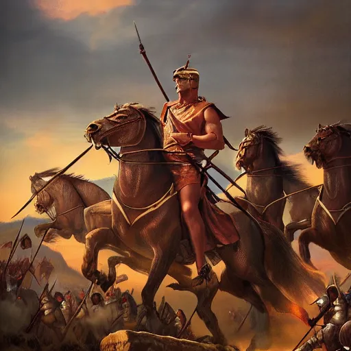 Image similar to Caesar leading roman legions over hills into battle, stunning lighting, beautiful scenery, digital painting, 4k