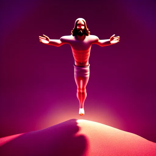 Image similar to the second coming of Jesus Christ, ascending down from heaven, Octane render, artistic, Cinema 4D, dark horror, 8k, hyperrealistic