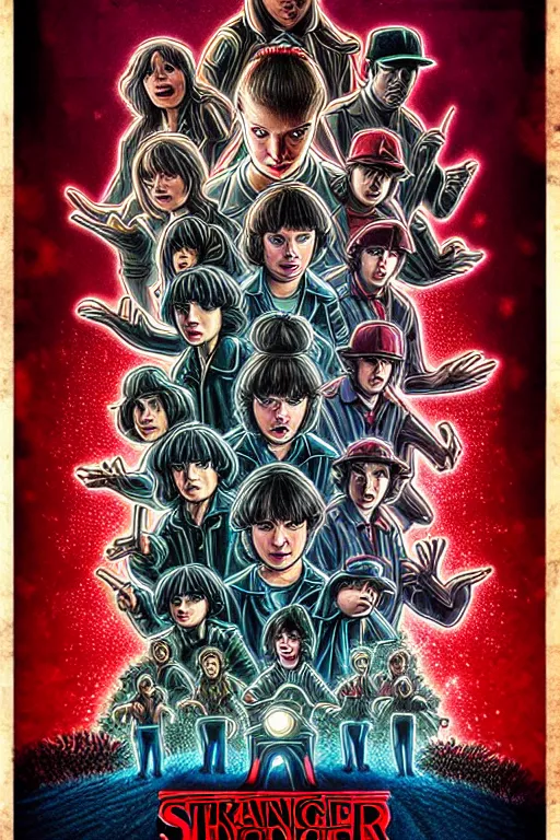 Image similar to Poster for the 5th season of Stranger Things, Demons, horror, pure evil, Series on Netflix, disaster, Hawkins, Vecna, Movie poster, poster, design, Symmetry, Symmetrical, Border, Framed