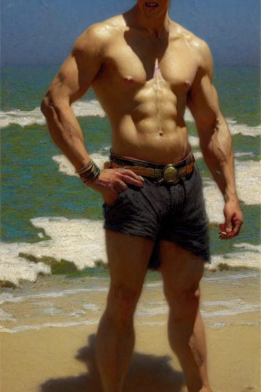 Image similar to beach, attractive male, character design, dynamic lighting, cool and bright tint, painting by gaston bussiere, craig mullins, j. c. leyendecker, tom of finland