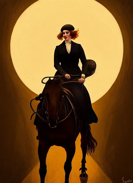 Image similar to symmetry!! portrait of christina hendricks riding a horse in peaky blinders, glowing lights!! intricate, elegant, highly detailed, digital painting, artstation, concept art, smooth, sharp focus, illustration, art by artgerm and greg rutkowski and alphonse mucha