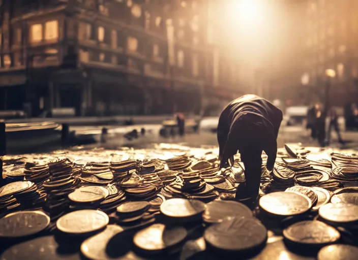 Image similar to a 3 5 mm photo from the back of a man walking over piles of coins, splash art, movie still, bokeh, canon 5 0 mm, cinematic lighting, dramatic, film, photography, golden hour, depth of field, award - winning, anamorphic lens flare, 8 k, hyper detailed, 3 5 mm film grain