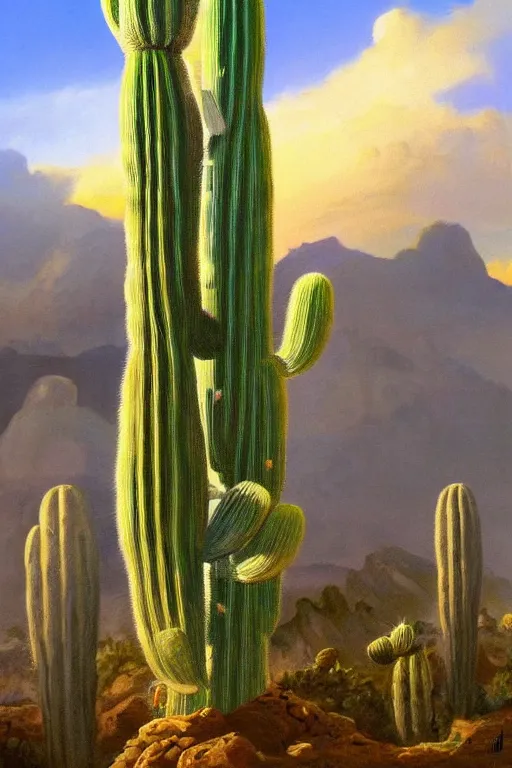 Prompt: a beautiful painting of the san pedro cactus with the face of an old indigenous man in the sky, fantasy art, matte painting