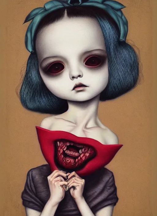 Image similar to pop surrealism, lowbrow art, realistic cute girl painting, japanese street fashion, hyper realism, muted colors, mark ryden, trevor brown style