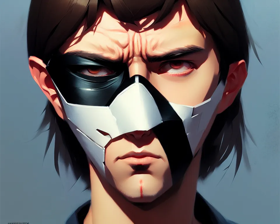 Image similar to half masked man, masterpiece portrait, highly detailed face, by ilya kuvshinov, greg rutkowski and makoto shinkai, trending on artstation