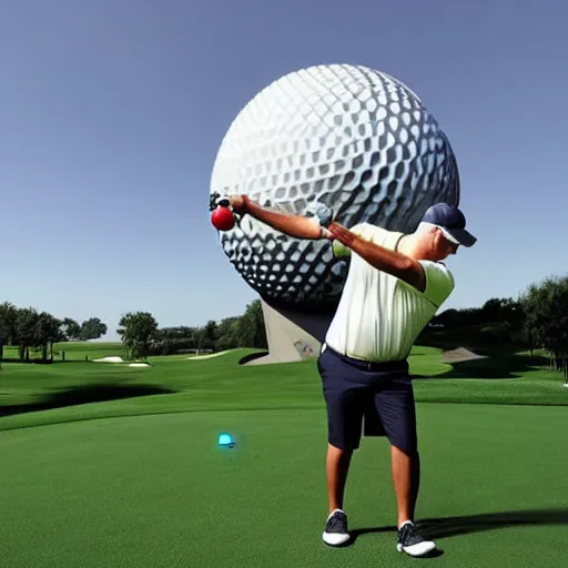 Image similar to a giant playing teeing up a shot in golf using the epcot ball in real life, highly detailed, extremely high resolution, ultra realistic