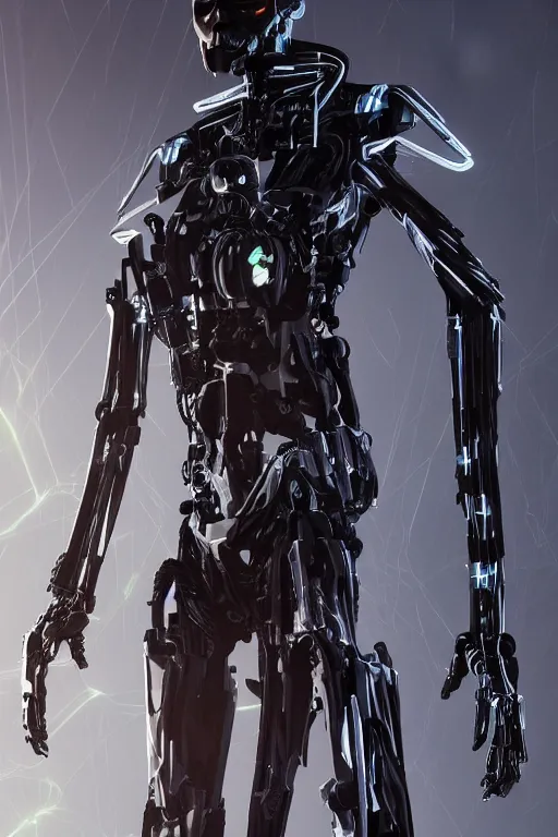 Image similar to skeletal black mecha (carbon fiber) cyberpunk 2077 long limbs black panels reflective. Skeletal face android face one eye ((glowing_red_eye)) exposed wiring cable wire harness RTX On UE5 Artstation Bladerunner 2049 scene