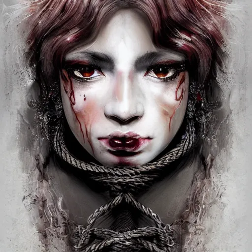 Image similar to portrait of a Shibari rope wrapped face and neck, headshot, insanely nice professional hair style, dramatic hair color, dark skin tones, digital painting, of a old 13th century, traveler, amber jewels, baroque, ornate clothing, scifi, realistic, hyperdetailed, chiaroscuro, concept art, art by Franz Hals and Jon Foster and Ayami Kojima and Amano and Karol Bak,