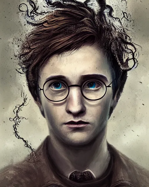 Image similar to a highly detailed portrait of Harry Potter, wispy tendrils of smoke, head and shoulders portrait, intricate detail, digital painting, old english, raining, sepia, particles floating, whimsical background by marc simonetti, artwork by ross tran + ramond swanland + liam wong