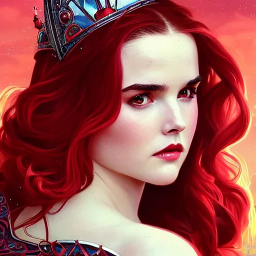 Image similar to beautiful Zoey Deutch as The Red Queen, Blodreina, sci-fi, closeup, D&D, fantasy, intricate, elegant, highly detailed, digital painting, artstation, concept art, matte, sharp focus, illustration, art by Artgerm and Greg Rutkowski and Alphonse Mucha