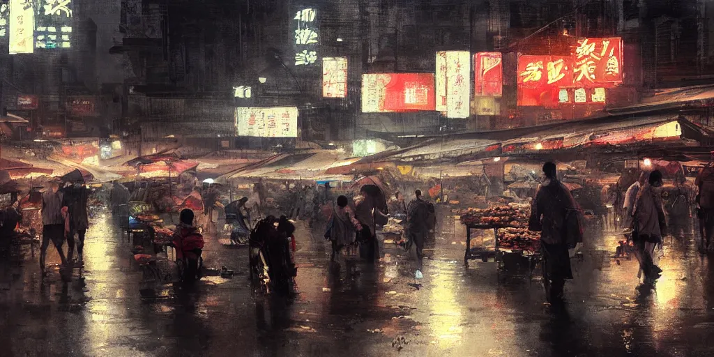 Image similar to an asian wet market at night, by greg rutkowski