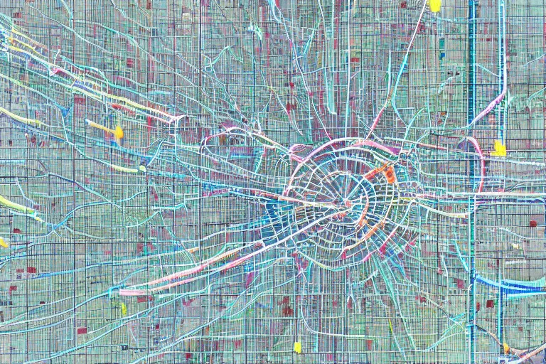 Prompt: closeup view of a topographical map of a complicated tunnel system made out of multiple overlays of simple clean scientific data visualized on top of each other, bar charts, plexus, thick squares and large arrows, waveforms on top of square charts, gaps and pauses, space molecules, radio signals, negative space