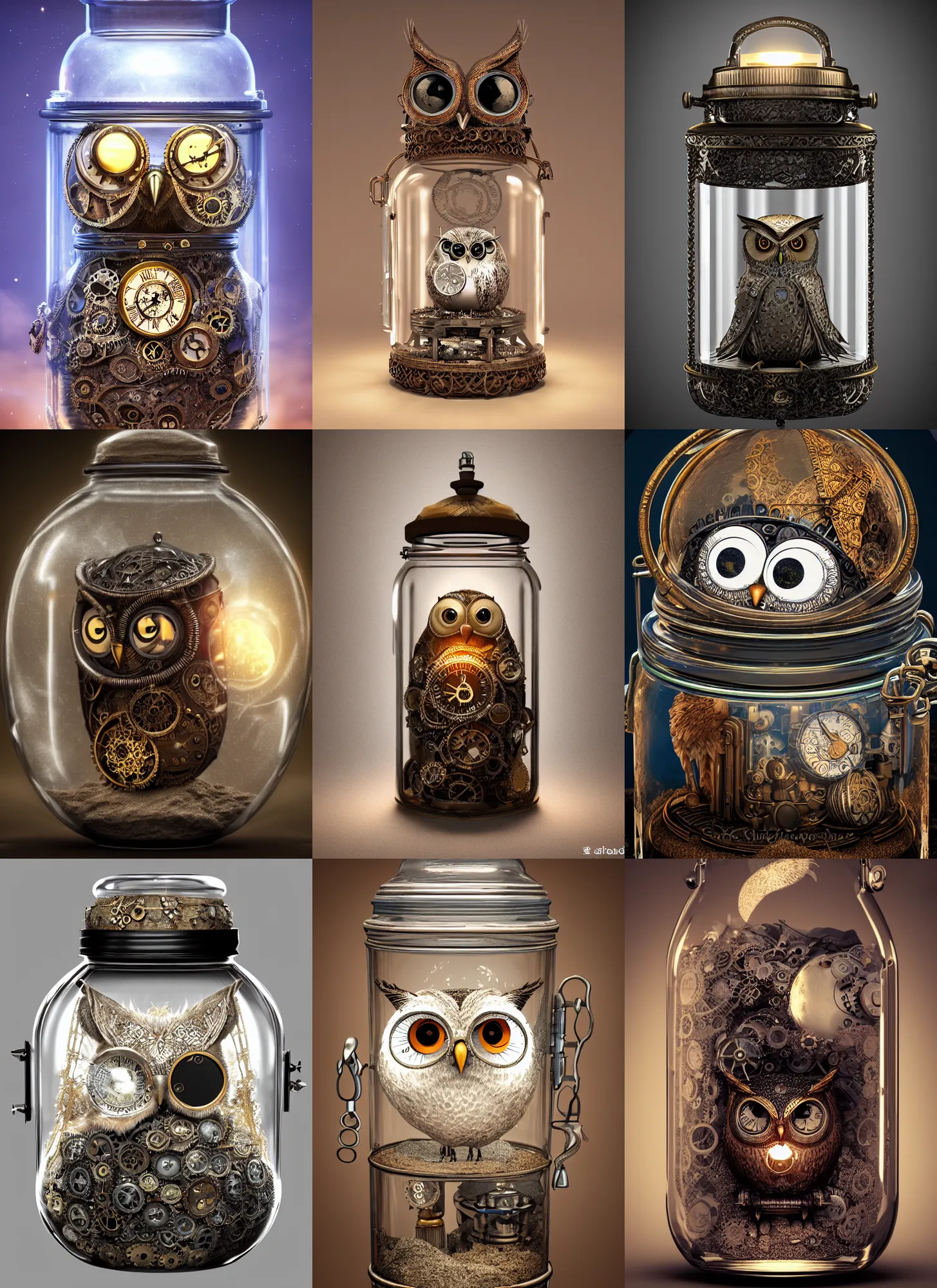 Prompt: steampunk wise owl inside a glass jar, full moon buried in sand, intricate detail, hyper detailed, ultra realistic, sharp focus, octane render, lantern, volumetric, ray tracing, artstation trending, moon, lake, pocketwatch, cgsociety, sense of awe, mystical, moon, 4 k