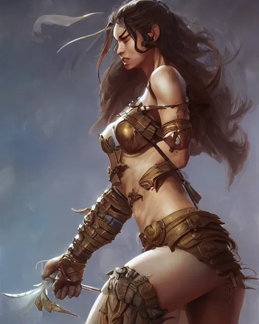 Image similar to beautiful female warrior by Stanley Artgerm Lau, WLOP, Rossdraws, frank frazetta, Andrei Riabovitchev, Marc Simonetti, tranding on artstation