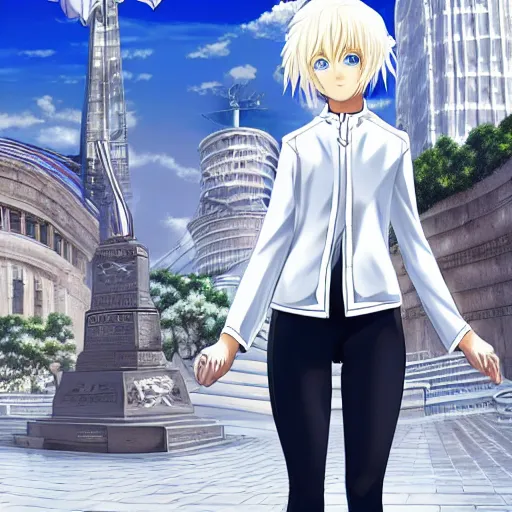 Prompt: aristocratic platinum - blonde - haired hime - cut blue - eyed princess wearing white leggings and black jacket, standing next to communist monument, anime, hd anime wallpaper, hyperrealistic lighting, drawn by artgerm