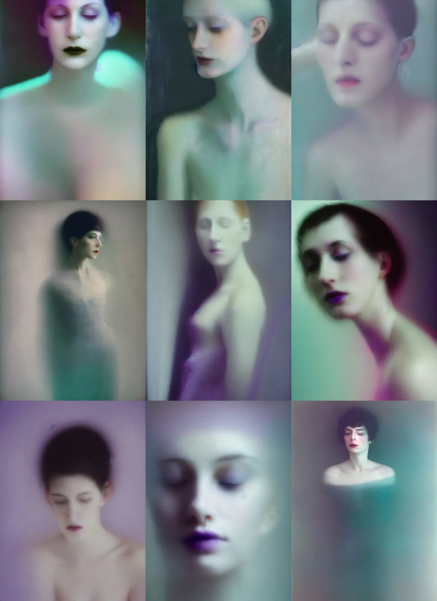 Prompt: violet and aqua neon lights, out of focus photorealistic portrait of a beautiful aesthetic pale woman by sarah moon, very blurry, translucent white skin, closed eyes, foggy