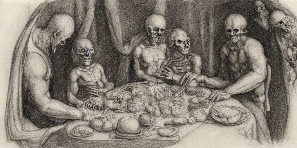 Image similar to Charcoal pencil portrait of a Roman emperor sharing dinner with a mummified skeleton, sketchbook, Leonardo da Vinci