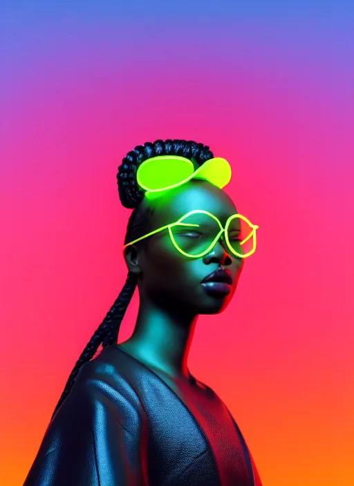 Prompt: attractive female portrait of african samurai, wearing neon shades, wearing gui, amber sky cloud background, rule of thirds, uplight, intricate, symmetrical!!, depth of field, cinematic, filmic, vsco, concept art, artstation, digital painting, elegant, epic, focus, octane render, vray render, arnold render,