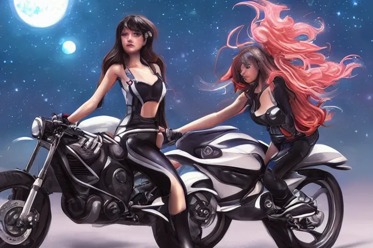 Image similar to a girl is riding a motorbike, the space background, digital painting by artgerm hyperdetailed trending on artstation trending on deviantart