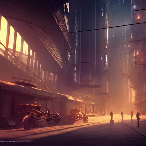 Image similar to inside an etheral dieselpunk city, highly detailed, 4k, HDR, award-winning, octane render, trending on artstation, volumetric lighting
