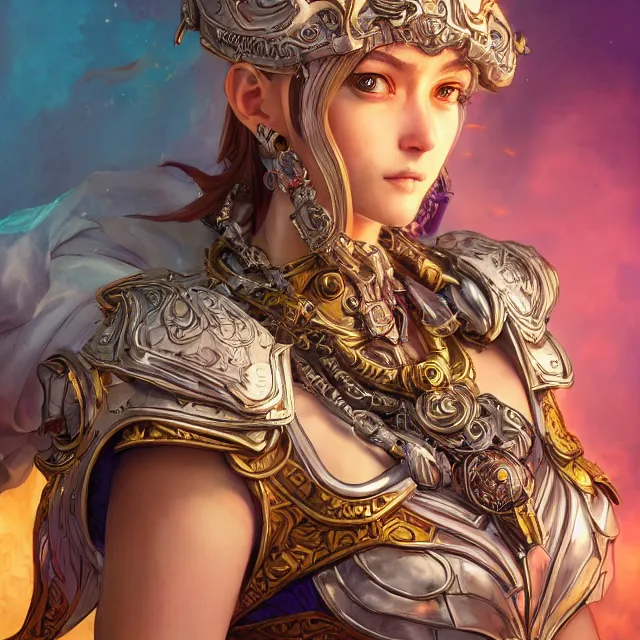 Image similar to studio portrait of lawful good colorful female holy mech paladin as absurdly beautiful, elegant, young sensual pretty woman, ultrafine hyperrealistic detailed face illustration by kim jung gi, irakli nadar, intricate linework, sharp focus, bright colors, matte, octopath traveler, final fantasy, unreal engine highly rendered, global illumination, radiant light, intricate environment