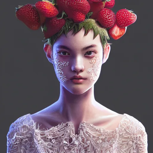 Image similar to the portrait of an absurdly beautiful, graceful, elegant, sophisticated, fashionable young gravure idol made of strawberries and white petals, an ultrafine hyperdetailed illustration by kim jung gi, irakli nadar, intricate linework, bright colors, octopath traveler, final fantasy, unreal engine 5 highly rendered, global illumination, radiant light, detailed and intricate environment