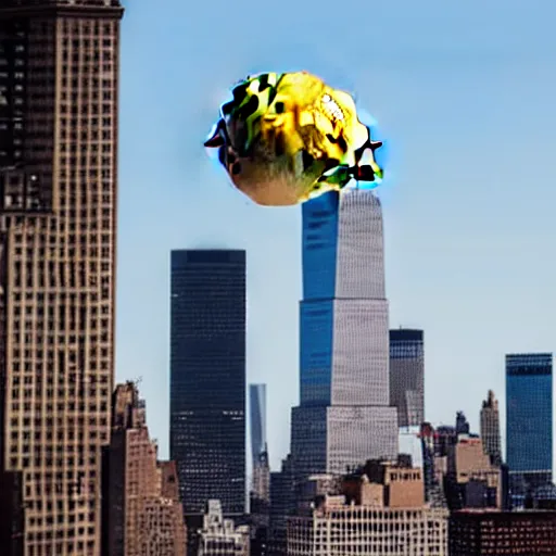 Image similar to a giant lemon overshadowing new york city skyline, photo