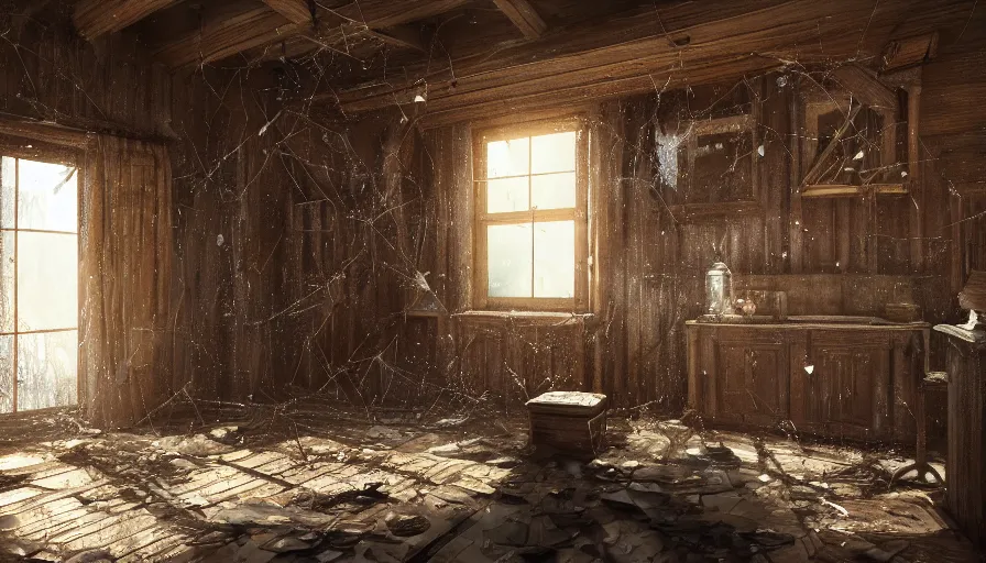 Prompt: interior of an old bloody cabin, cobwebs and dust, forest, broken windows, bloody curtains, hyperdetailed, artstation, cgsociety, 8 k