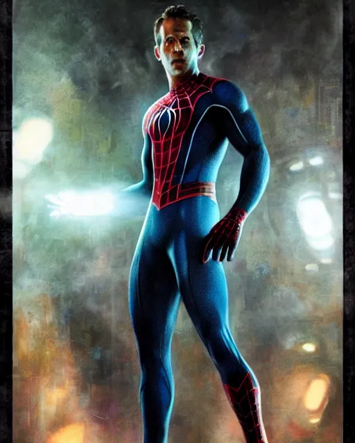 Image similar to ryan reynolds as a black and blue suit spider - man, cinematic, volumetric lighting, f 8 aperture, cinematic eastman 5 3 8 4 film, photorealistic by greg rutkowski, by stanley artgerm, by alphonse mucha