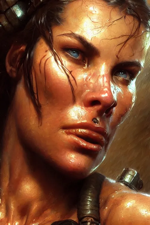 Image similar to muscular sweat lara croft, face close up, exhausted, highly detailed painting by gaston bussiere, craig mullins, j. c. leyendecker 8 k