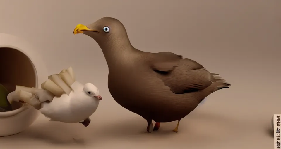 Image similar to seagull drinking a bottle of soy sauce, clay animation, highly detailed