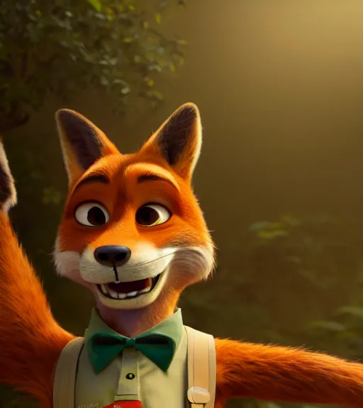 Image similar to a film still from zootopia main character portrait anthro anthropomorphic fox head animal person fursona nick wilde pixar and disney animation, sharp, rendered in unreal engine 5, anime key art by greg rutkowski, bloom, dramatic lighting