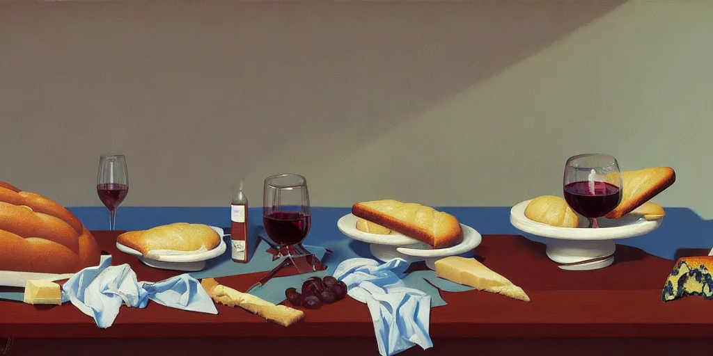 Prompt: an achingly beautiful still life featuring loaf of bread head with wine and Cheese very coherent, painted by Edward Hopper, Wayne Barlowe, painted by James Gilleard, airbrush, art by JamesJean