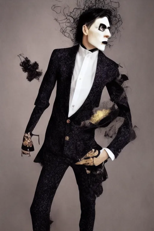 Image similar to hyper realistic male macabre gothic powersuit dapper look artwork of high - end haute couture bespoke with leather fashion by ali sabet, lisa frank & sho murase