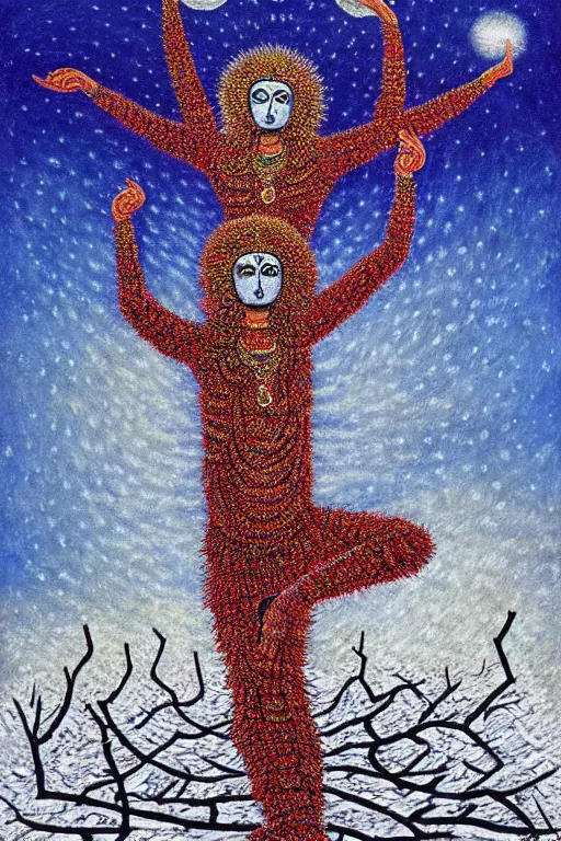 Image similar to ivan marchuk style nataraja dancing in a winter birch grove and raising snow clouds during a solar eclipse, visionary art style