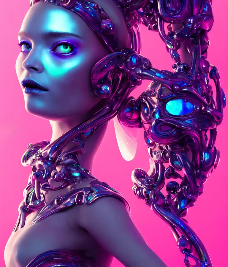 Image similar to iridescent portrait of a beautiful princess in robe. hard surface modelling. cyberpunk look. biomechanical mask. bio luminescent biomechanical halo around head. neon jellyfish. artwork by jarold Sng by artgerm, by Eddie Mendoza, by Peter mohrbacher by tooth wu, unreal engine, octane render, cinematic light, high details, iridescent colors, dichroic, macro, 4l