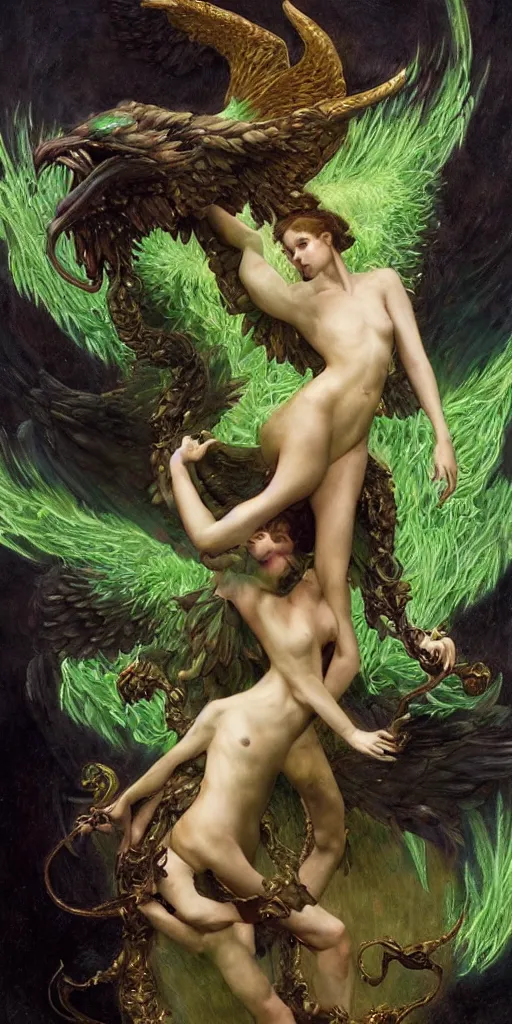 Prompt: epic masterpiece full body of a fallen angel fighting with a hydra, a stained class painting, beautiful face and flawless skin, perfect hands, emeralds by Edgar Maxence and Ross Tran and Michael Whelan