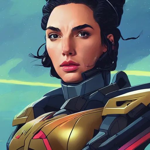 Image similar to a portrait of a stunning beautiful elite gal gadot gundam pilot, with an intricate, detailed, urban inspired hiphop afro futuristic helmet, vector behance hd jesper ejsing, rhads, makoto shinkai, lois van baarle, ilya kuvshinov, rossdraws, hd, 3 2 k, ilya kuvshinov, gustav klimt