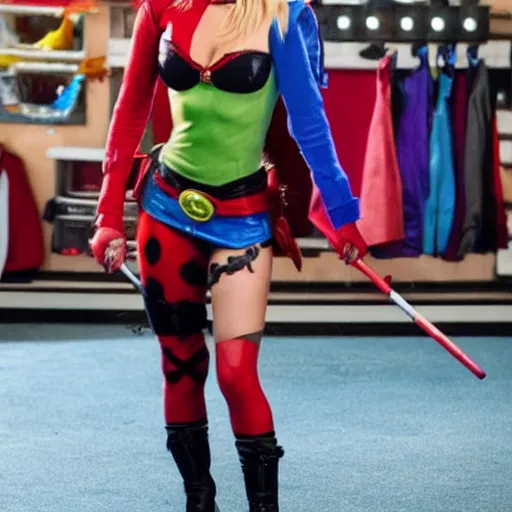 Image similar to A still of Kaley Cuoco as Harley Quinn, full-figure