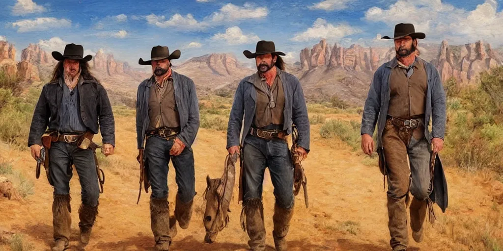 Prompt: in the old west, cowboys Kurt Russel and Dave Bautista on the old west mountain trail, in the style of an oil painting