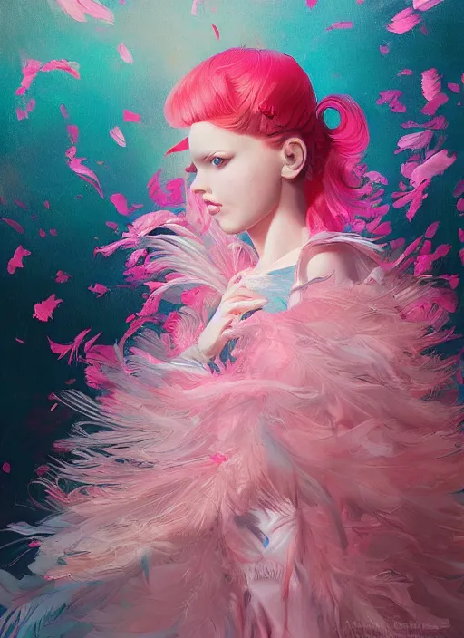 Image similar to beautiful little girl with an pink eccentric haircut wearing an dress made of feathers dancing on stage, artwork made by ilya kuvshinov, inspired in donato giancola, hd, ultra realistic, reflection, flowers, light, realistic face