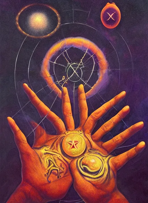 Image similar to antediluvian occult cosmology, panspermia, occult magic hand gestures, magick ritual hand signs, by joe jusko and remedios varo and daniel arsham and robert hooke, rule of thirds, vivid colours, negative space, atmospheric, digital painting, artstation, concept art, smooth, sharp focus