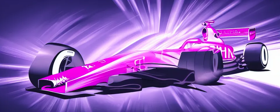 Image similar to abstract illustration of a formula one car, synthwave, purple and pink, motion blur, light streaks