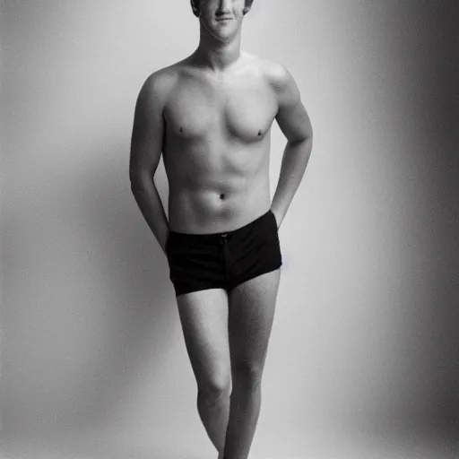 Prompt: Photo of Mark Zuckerberg in swimsuit, soft studio lighting, photo taken by Anne Liebovitz for Abercrombie and Fitch, award-winning photograph, sigma art lens