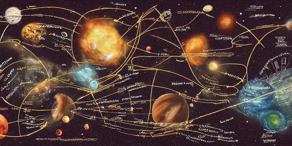 Image similar to a mindmap in space, by sebastian luca.