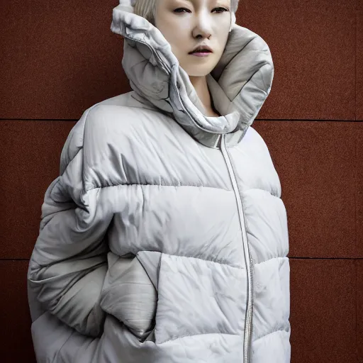 Image similar to well lit fashion shoot portrait of extremely beautiful female marble statue wearing huge over size puffer jacket by dingyun zhang, yeezy, balenciaga, vetements, a cold wall, sharp focus, clear, detailed,, cinematic, detailed, off white, glamourous, symmetrical, vogue, editorial, fashion, magazine shoot, glossy