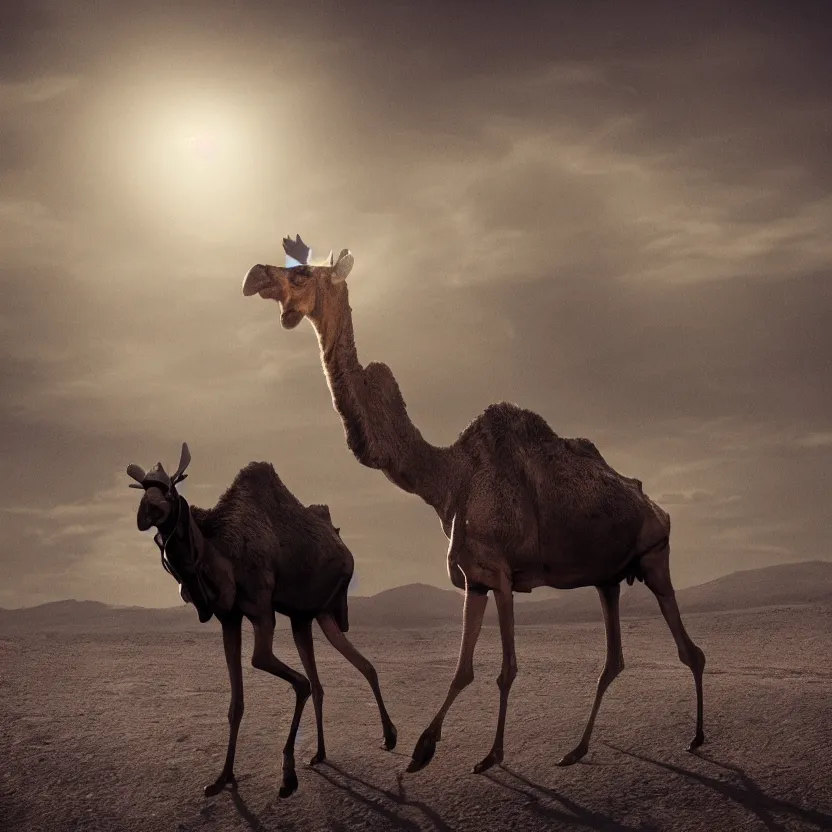 Image similar to an otherworldly camel moose, walking in an extraterrestrial desert. pulp sci - fi art. soft lighting. muted colors. dark background