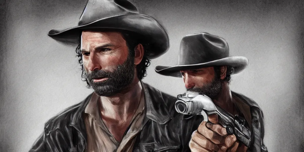 Prompt: highly detailed photo of rick grimes holding a revolver and wearing a cowboy hat, digital painting, trending on artstation, high resolution, transparent background